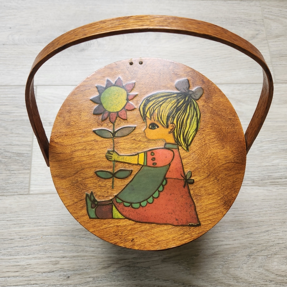 Vintage Sewing Basket With Handle Little Girl Sunflower Wood Retro Woven MCM